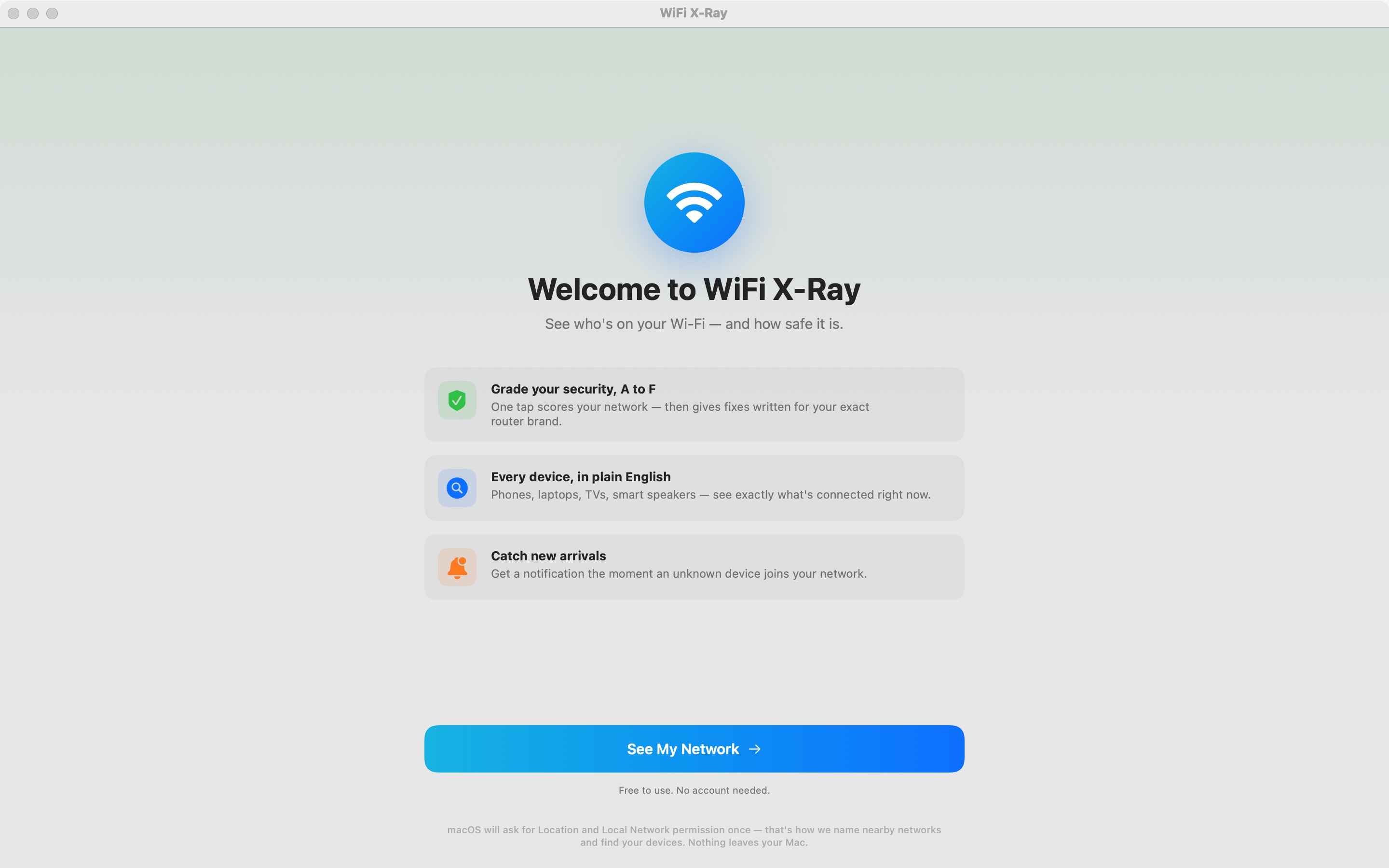 The WiFi X-Ray welcome screen introducing the scanner and its local-only privacy model.