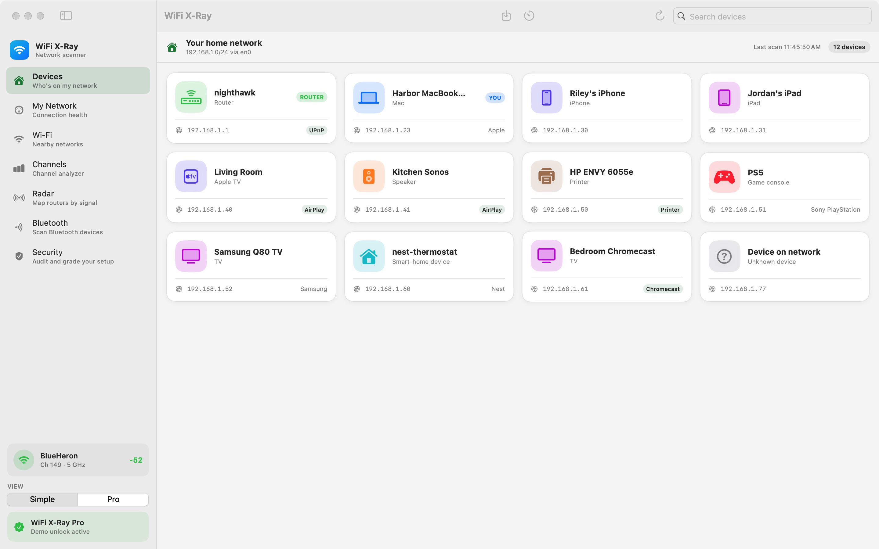 The Devices tab listing twelve devices as named cards including router, MacBook Pro, iPhone, iPad, Apple TV, Sonos, printer, PlayStation, smart TV, thermostat, and one unknown device.