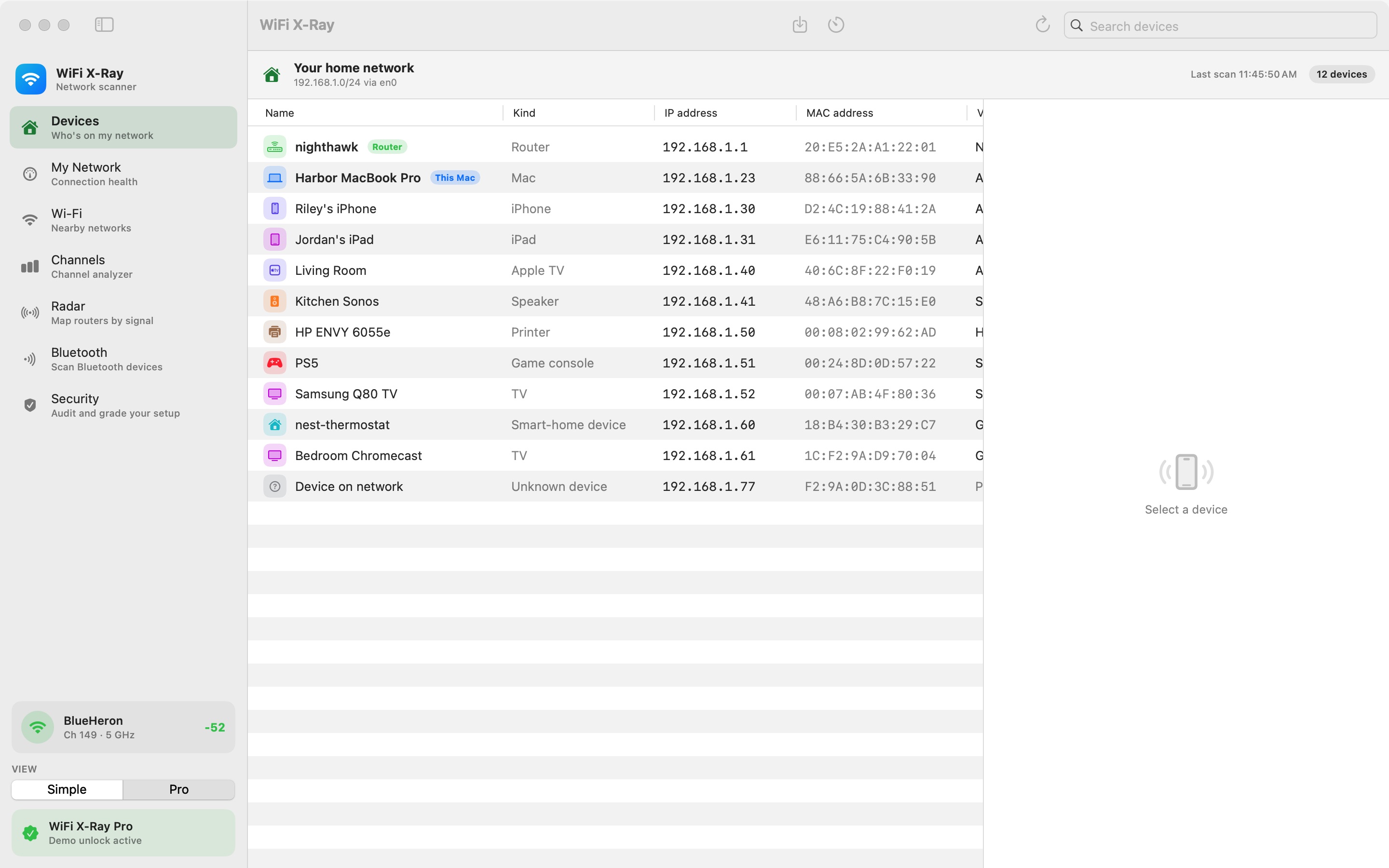 The Pro device table listing every device with name, kind, IP address, and MAC address in sortable columns.
