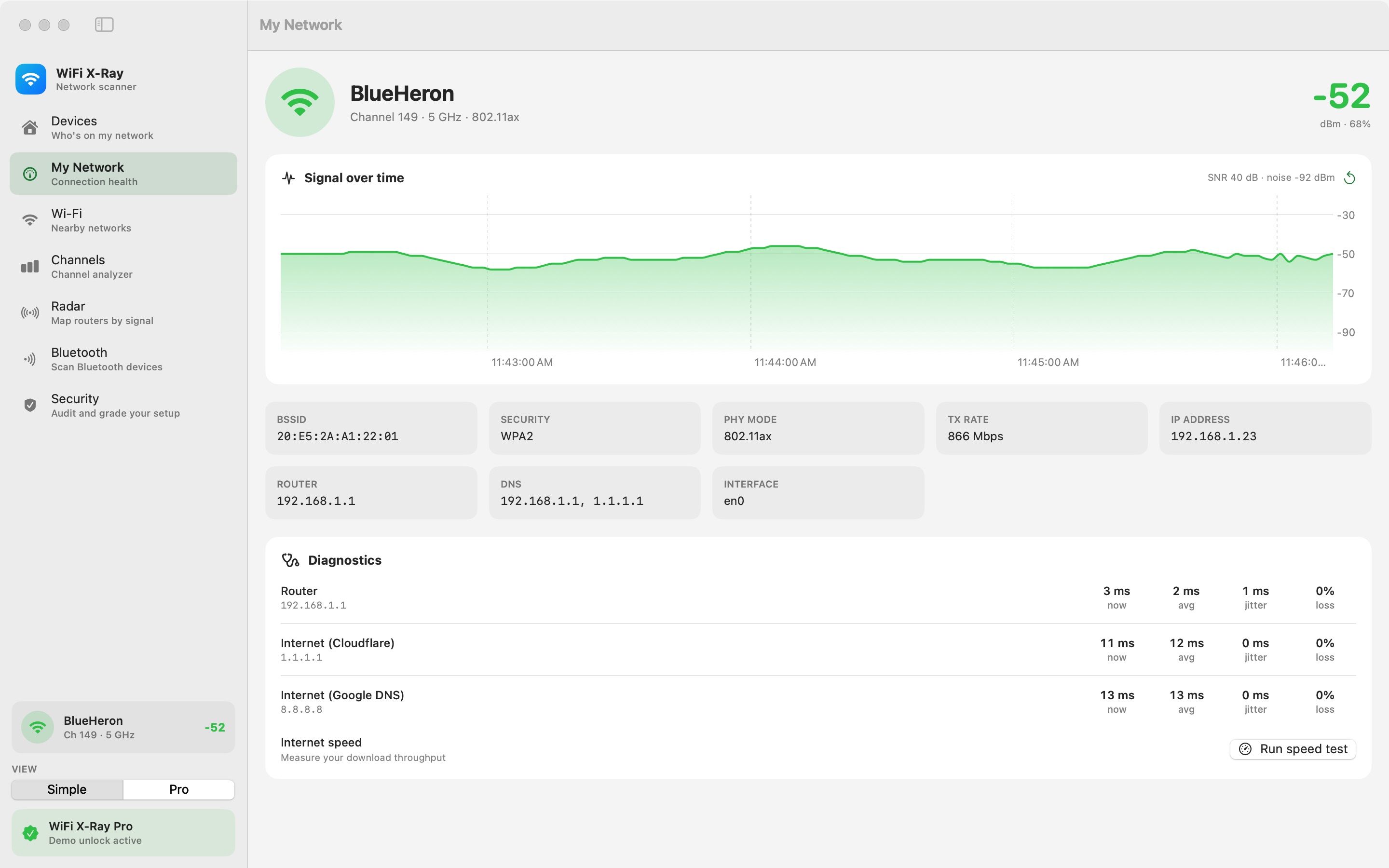 The My Network tab summarising connection health including signal strength, latency, and gateway details.